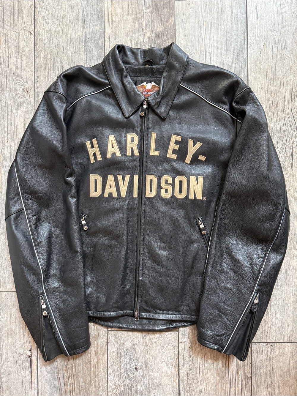 Harley-Davidson Black Leather Bomber Jacket with Tan Lettering